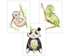 Wandbilder 3er Set für Baby & Kinderzimmer Deko Poster Faultier Panda Chamäleon | Kunstdruck DIN A4 ohne Rahmen und Dekoration (TropicalFaultier Panda Chamäleon)