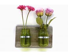 meindekoartikel Wandvase im Retro-Stil MALJAKKO aus Holz und Glas (Verschiedene Größen und Farben) für Kräuter und Blumen (Duo, Grün)