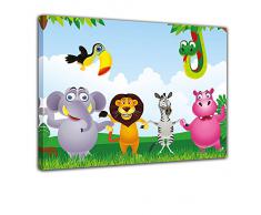 Wandbild - Kinderbild Dschungeltiere Cartoon - Bild auf Leinwand - 80x60 cm - Leinwandbilder - Kinder - Afrika - fröhliche Tiere