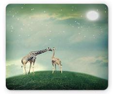 Giraffe Mauspad, Mutter Kind Tier auf Wiese Märchenatmosphäre Sterne Romantik Mond Bild, Rechteck Rechteck rutschfest Gummi Mousepad, mehrfarbig