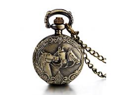 JewelryWe Steampunk Damen Herren Taschenuhr DREI Pferden Design auf Deckel Uhranhänger Quartz Kettenuhr Uhr Halskette