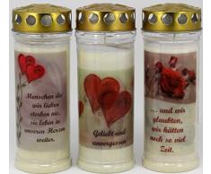 Kerzen Junglas 3 Stück Grablichter, Grabkerzen, 3er Set mit Spruch und Motiv Herz, Größe 21x7,5 cm - Brenndauer ca. 7 Tage je Grablicht - 3862 – Elegante Gedenkkerzen, Trauerkerzen mit Spruch.