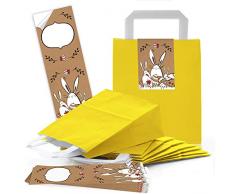 Logbuch-Verlag 10 kleine gelbe Verpackung Henkeltüte Papiertüte mit Griff 18 x 8 x 22 cm + Osteretiketten 7,2 x 21 cm Frohe Ostern Geschenktüte Aufkleber weiß rot braun Deko Osterhase