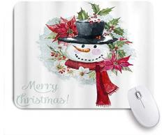 Dekoratives Gaming-Mauspad,Weihnachtsaquarell-Winterschneemann mit Weihnachtsstern-Blumen und Hellebore-roten Beeren für Weihnachtsfeiertag,Bürocomputer-Mausmatte mit rutschfester Gummibasis