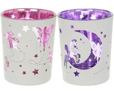 ++Set++ 2 Stück Glas-TEELICHTHALTER VOTIVKERZEN-Halter FEEN Elfen Fairies Pink-Lila