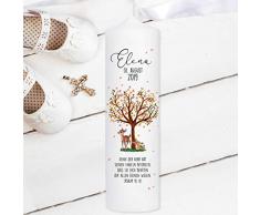 Taufkerze filigraner Baum mit Blüten, Reh und Hase - Kerze zur Taufe, Geburt oder Kommunion – weiß 25 x 7 cm mit Name, Datum, ggf. Taufspruch / / Kerze 25x7 cm (abgebildeter Taufspruch)
