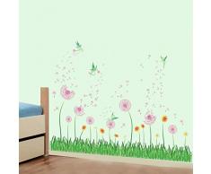 decalmile Wandtattoo Bordüre Rosa Pusteblume Fee Wandsticker Grüne Gras Blumenwiese Wandaufkleber Wohnzimmer Schlafzimmer Wanddeko
