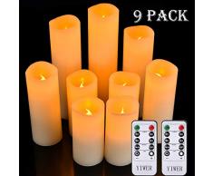 YIWER LED Kerzen Set von 9 Flammenlose Kerzen Batteriebetriebene Kerzen D5.5cmxH 14/15/16/17.5/20/22cm Echtwachssäule Kerzen Flackern mit Fernbedienung und Timer-Steuerung, Elfenbein Farbe（9x1）