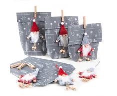Logbuch-Verlag 6 Wichtelgeschenk Verpackungen grau weiß mit Wichtel Anhänger aus Filz - Wichteltüte Nikolaustüte Weihnachten