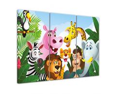 Kunstdruck - Kinderbild Dschungeltiere Cartoon III - Bild auf Leinwand - 90x60 cm dreiteilig - Leinwandbilder - Kinder - Gruppenbild von Wilden Tieren