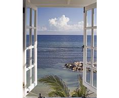 Artland Poster oder Leinwand-Bild fertig aufgespannt auf Keilrahmen mit Motiv Katja Sucker Fenster zum Paradies Landschaften Fensterblick Fotografie Blau