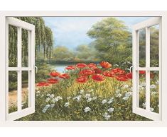 Artland Qualitätsbilder I Bild auf Leinwand Leinwandbilder Wandbilder 100 x 70 cm Botanik Blumen Malerei Grün C8ZQ Mohnwiese am See Fensterblick