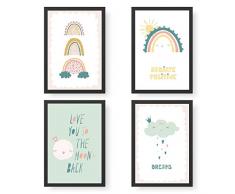 Papierdrachen 4 Kinder Premium Poster DIN A4 | Wandbilder für Kinderzimmer - Regenbogen - hochwertige Kunstdrucke | Dekoration | Wandbild Set