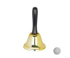 Relaxdays, Gold Tischglocke Handglocke, lauter Klang, Holzgriff, Schule, Rezeption, Weihnachtsdeko, Eisen, 12 cm groß, Holz, Standard