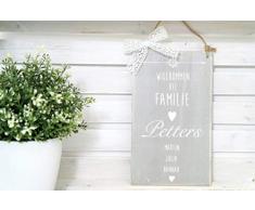 Besonderes Türschild mit Namen aus Holz - Grau mit weißem SchriftzugWillkommen bei Familie