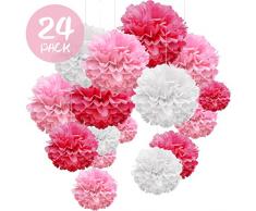 WEARXI Hochzeitsdeko 24er Seidenpapier Pompons - Hochzeit Deko Taufe Mädchen Bunt Pompoms Dekoration für Geburtstag, Party, Kommunion, Valentinstag （Rose Rot, Rose, Weiß）