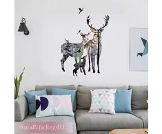 WandSticker4U- Wandtattoo HIRSCH Familie aus dem Wald I Wandbilder: 78x109 cm I Wandsticker Rentier Reh Vögel Baum Waldtiere I Wand Deko für Wohnzimmer Schlafzimmer Küche Flur GROSS