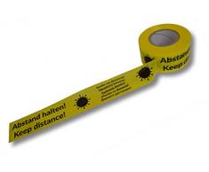 1 Rolle = 100m super stabiles Absperrband Druck ABSTAND HALTEN - KEEP DISTANCE - 7-sprachig - Flatterband Warnband Trassenband Folienband Parkplatzsperre Baustellenabsperrung Plastikband gelb 75mm