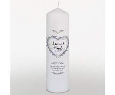 Hochzeitskerze mit Namen und Datum Blumenherz Flieder, Traukerze Hochzeit mit Trauspruch, Weiß