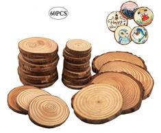 Liuer Rund Natur Holzscheiben,60PCS Holz Log Scheiben mit Baumrinde Unbehandeltes DIY Handwerk Dekoration Holz Tischdeko Hochzeits Weihnachten Baum Anhänger (3-4 cm,4-5 cm,5-6 cm,5MM Dicke)