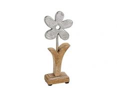 Deko Figur Blume Blümchen 22 cm, Mango Holz massiv natur braun Metall Blüte Alu silber, Holzdeko Aufsteller Frühling Ostern