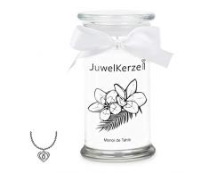 JuwelKerze Monoi de Tahiti - Kerze im Glas mit Schmuck - Große weiße Duftkerze mit Überraschung als Geschenk für Sie (Silber Halskette & Anhänger, Brenndauer: 90-120 Stunden)
