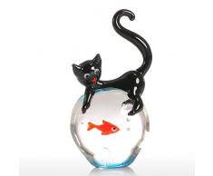 Tooart Glasfigur, Katze und Goldfisch Glas Ornament Tierfigur für Wohnzimmer Schlafzimmer Büro Dekor, schwarz & rot