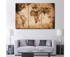 3-teiliges Foto-Poster und Prints Retro World Map Wall Art Picture Modular On Canvas Art Cuadros für Living Room 40 x 80 cm, 3 Stück