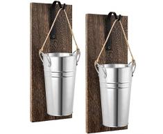 Dahey Verzinkter Metall-Wand-Pflanzgefäß, Landhaus-Stil, hängende Wandvase für Blumen, drinnen oder draußen, mit rückstandslosem Holzbrett für Landhaus-Wanddekoration, 2er-Set