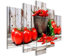 decomonkey Bilder Küche Gemüse 200x100 cm 5 Teilig Leinwandbilder Bild auf Leinwand Vlies Wandbild Kunstdruck Wanddeko Wand Wohnzimmer Wanddekoration Deko Paprika Tomate rot Holz Brett grau