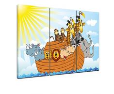 Kunstdruck - Kinderbild - Arche Noah Cartoon - Bild auf Leinwand - 90x60 cm 3tlg - Leinwandbilder - Kinder - Bibel - Flut - Boot im Wasser - Tiere