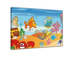 Wandbild - Kinderbild Unterwasser Tiere VII - Bild auf Leinwand - 70x50 cm einteilig - Leinwandbilder - Kinder - versunkenes Schiff mit Piratenschatz - Krabbe, Seepferdchen und Fische - fröhlich