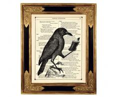 Lesender Rabe Buch Gothic Kunstdruck auf antiker Buchseite Geschenk Leseratte Geburtstag Halloween Poster Bild Steampunk ungerahmt