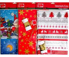 Jean-Products 3 x Geschenkfolien Packset 80x80cm + 2m Curly-Band,Weihnachtsmotive