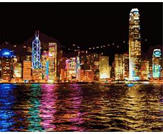 CaptainCrafts Neu Malen nach Zahlen Kits 16x20 für Erwachsene Anfänger Kinder, Creative DIY digitales Ölgemälde Kinder Leinwand - Hong Kong Nacht, Seestadt (Frameless)