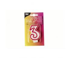 Zahlenkerze 7,3 cm weiss 3 mit rotem Rand . PS19303