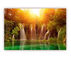 XXL Poster 100 x 70cm (S-821) Wasserfall fliesst in wunderschön grünlich schimmernden Waldsee mit umstehend sonnendurchflutete Bäume (Lieferung gerollt!)