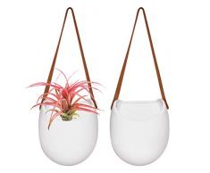 La Jolíe Muse Wandvasen Keramik Groß 19x15cm, 2er Set Blumentopf Hängend, Weiße Moderne Wand Deko, Unglasierte Übertöpfe mit Lederriemen