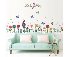 WandSticker4U®- Fensterbilder Kinderzimmer Bunte BLÜMCHEN I Wandbilder: 193x95 cm I Fenstersticker Wandtattoo für Mädchen I Fenster Deko Kinder Blumen Aufkleber Pflanzen Bordüre Wiese Vogel