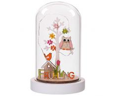 Valery Madelyn Osterdeko Frühling Sommer Deko 19cm beleuchtet Glaskuppel LED Glasglocke Deko mit Lichterkette und Holzboden mit Frühling Schrift Batteriebetrieben Nachttischlampe