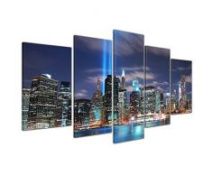 Kunstdruck - New York City Manhattan at Night - USA - Bild auf Leinwand - 100x50 cm 5 teilig - Leinwandbilder - Städte & Kulturen - Amerika - Skyline - World Trade Center - beleuchtet