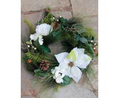 Künstlicher Tannen-Kranz mit Poinsettia und Rose, weiß, Ø 50 cm - Türkranz / Tischkranz - artplants
