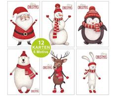 ArtUp.de 12 Weihnachtskarten Set mit 6 verschiedenen lustigen Motiven im Postkartenformat - Rückseite mit viel Platz für Grüße zu Weihnachten
