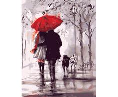 LSDEERE DIY Leinwand Ölgemälde Romantik Wind Und Regen Landschaft Roter Regenschirm Malen Nach Zahlen Für Erwachsene Anfänger Kreatives Gemälde Auf Leinwand 40X 50 cm