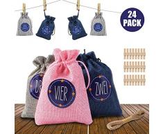 Redmoo 24 Adventskalender zum Befüllen Stoffbeutel, 1-24 Adventszahlen Aufkleber Stoffbeutel Weihnachten Geschenksäckchen Adventskalender Weihnachtskalender Bastelset,Basteln Füllung (Blau,Grau,Rosa)