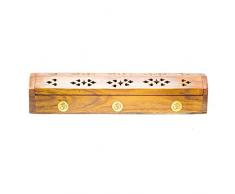 aqasha® Räucher-Stäbchen-Kegel-Halter & Aufbewahrungs-Fach | Om-Aum Kiste | Incense-Burner | Rosen-Holz & Messing-Beschlag | 30 cm x 6 cm x 6 cm