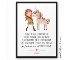 Mädchen EINHORN Frech Wild Wunderbar ABOUKI® Kunstdruck [ideales Geschenk] - moderne Deko - Design Poster Bild Geschenkidee für Kinder Taufe Geburt Geburtstag Einschulung Kindergarten ungerahmt DIN A4