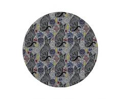 Rutschfreies Gummi-rundes Mauspad ägyptisch Vintage Katzenfigur mit verschiedenen Ornamenten Herzen Kirschen Augen Mystisches Thema Dekorativ Mehrfarbig 7.9x7.9x3MM