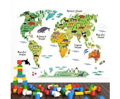 WandSticker4U- Wandtattoo WELTKARTE Kinder I Wandbilder: 100x80 cm I Wandaufkleber Landkarte bunt Tiere Kontinente Ozean World Map Atlas Geographie Erdkunde I Deko für Kinderzimmer Jungenzimmer GROSS