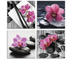 Artland Glasbilder Wandbild Glas Bild Set 4 teilig je 30x30 cm Quadratisch Asien Wellness Zen Spa Blumen Orchideen Steine Entspannung Pink S6MO